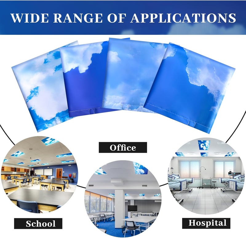 ROCEEI Pack of 4 Fluorescent Light Covers for Ceiling Lights, 4 x 2 Ft, Magnetic Light Covers for Classroom Office Home School Ceiling Decor(Blue Sky White Clouds) - Image 4